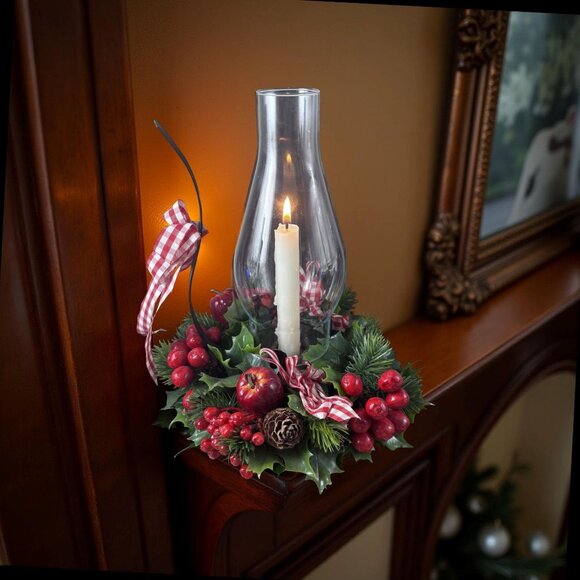 Vintage Christmas Holly & Berry Candle Holder with Glass Globe Hurricane Candle - Picture 7 of 13